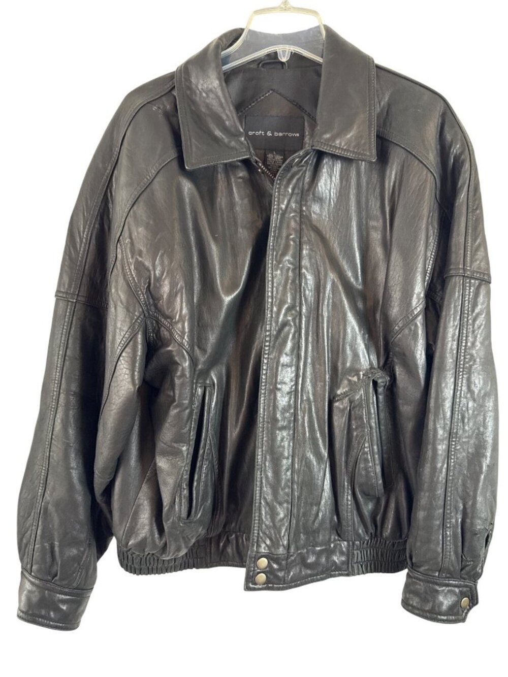 Croft & Barrow Men's Black Leather Bomber Grunge Jacket Elastic Hem 80s